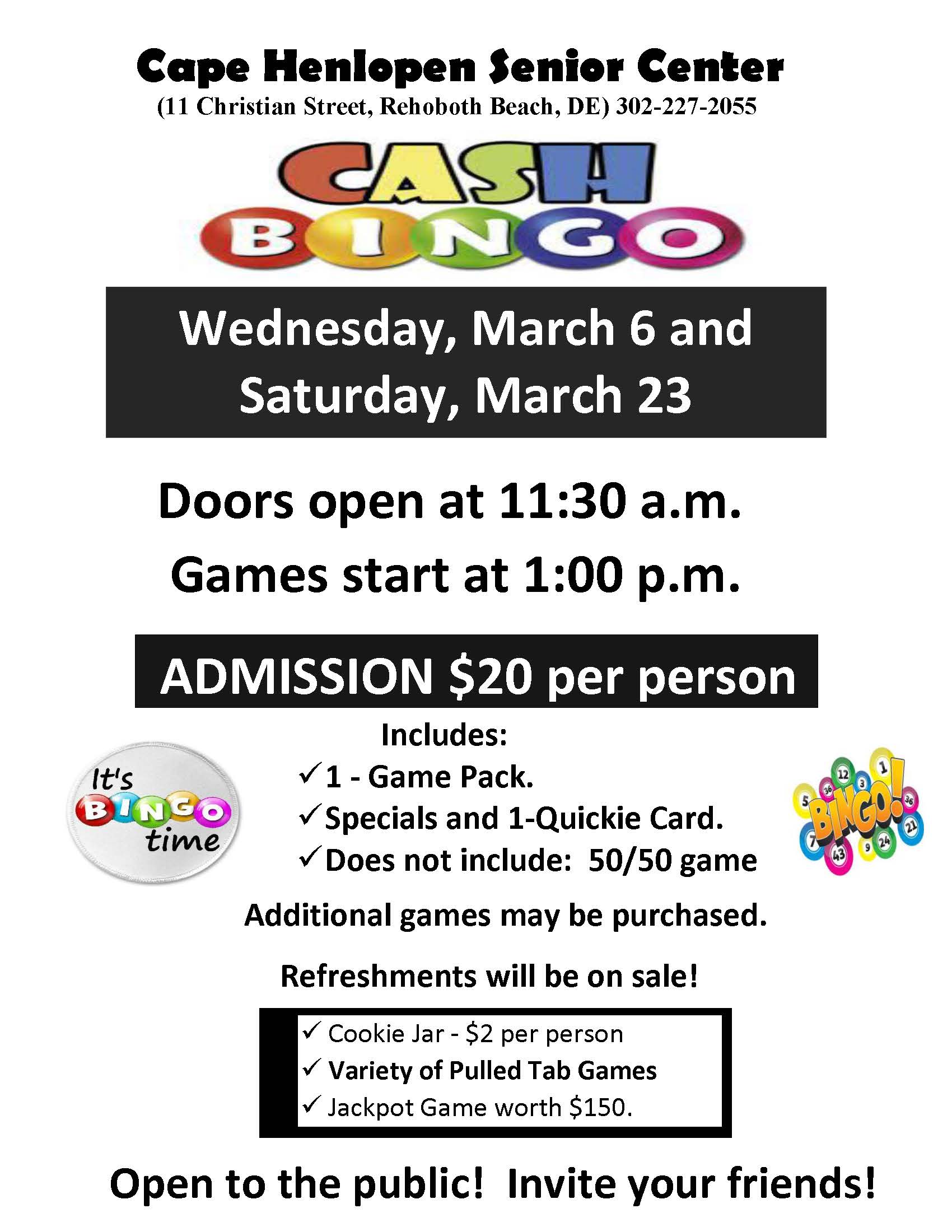 Cash Bingo Flyer Wednesday March 6 and Saturday March 23 2024